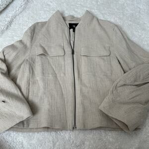 Banana Republic Bella Bomber Jacket Sz Large Cotton Linen Full Front Zip Cream